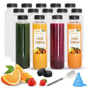 Holotap 108 Pcs 16 OZ Disposable Juice Bottles with Caps Bulk, Empty Plastic Bottles with Black Tamper Evident Lids for Juicing, Protein Drinks and Other Beverage Drink Containers.
