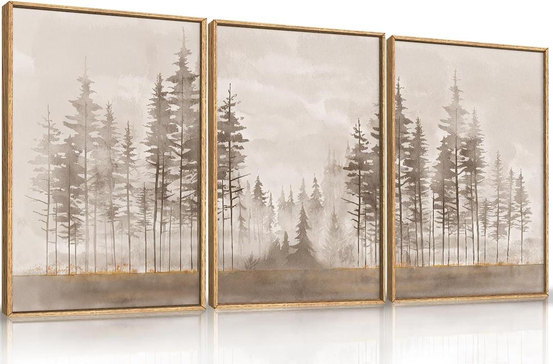 Beige Foggy Pine Tree Framed Canvas Wall Art Set, Modern Misty Forest Wall Decor,Nature Landscape Brown Art Print for Living Room,Bedroom-16 x24 x3