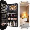 LVSOMT LED Mirror Jewelry Cabinet, Wall/Door Mount Jewelry Mirror Organizer, Rounded Full Length Mirror with Storage, Lockable Jewelry Armoire, 16" Wide, Foldable Shelf, Interior Mirror, Black