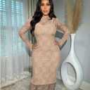 Womens Floral Lace Bodycon Midi Dress Long Sleeve Sexy See Through Mesh Club Party 2 Piece Dress Set (Beige)