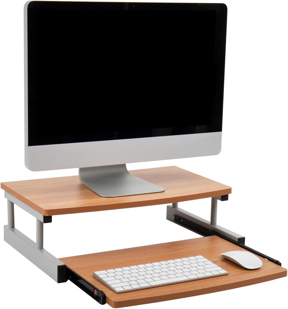 Mind Reader Monitor Stand, Sliding Keyboard Drawer, Laptop, Riser, Office, Wood/Metal, 20" L x 14.75" W x 5.9" H, Brown, Silver