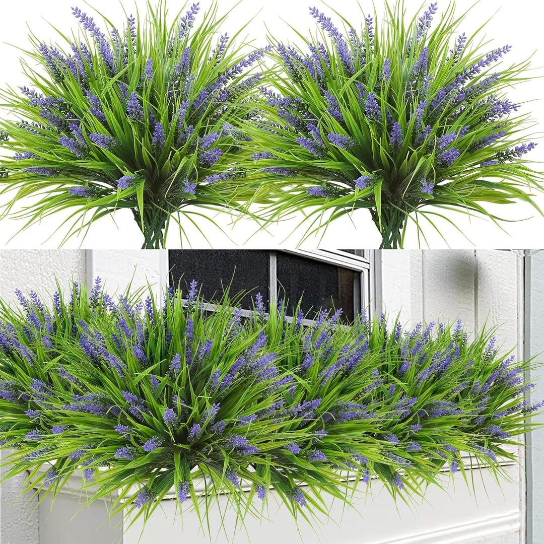 Sggvecsy 24 Bundles Artificial Plants Outdoor Faux Lavender Flowers Fake Monkey Grass UV Resistant Plastic Greenery Plants for Garden Home Porch Window Patio Hanging Planter Indoor Decor (Purple)