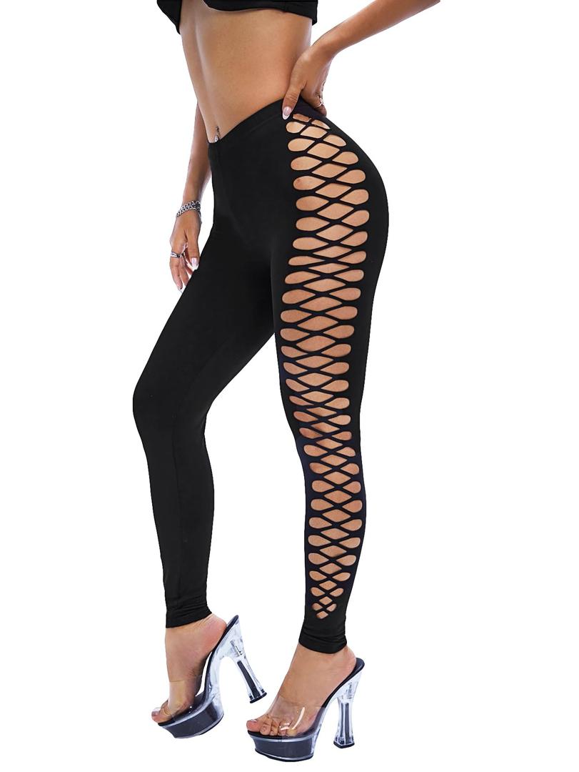 MakeMeChic Women's Cut Out Sexy Leggings Criss Cross Skinny Pants Party Clubwear L