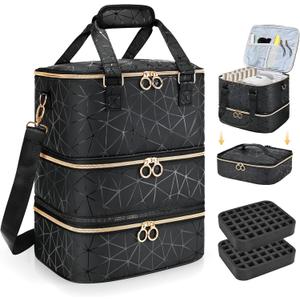 Large Nail Polish Organizer Bag Holds 84 Bottles Nail Polish and a Nail Lamp, PU Leather Nail Kit Storage Carrying Case, Removable Portable Travel Nail Art Tool Storage
