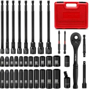 LLNDEI 1/4" Drive Socket Set & Nut Driver Set 38PCS,1/4-Inch Sockets Deep&Shallow SAE 5/32" to 9/16"? with Ratchet, Hex Shank 6" Long Nut Drivers(1/4" to 9/16") for Drill Bits(PH1 PH2)