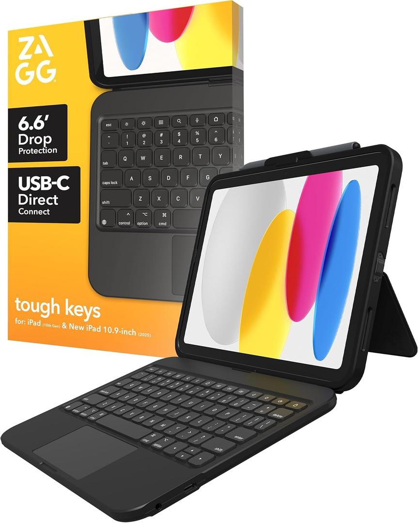 ZAGG Tough Keys Keyboard Case for iPad 11" (A16)/ 10.9-inch (10th Gen) - Rugged One-Piece Design, 6.6ft Drop Protection, USB-C Direct Connect, Apple Pencil Holder, Water-Resistant, Education Use