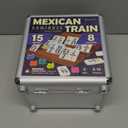 Queensell Mexican Train Dominoes Set Double 15 for Adults and Family, Mexican Train Double 15 Dominoes Set Colored Dot - 136 Tiles, 9 Trains, Wooden Hub, Aluminum Case (Double 15)