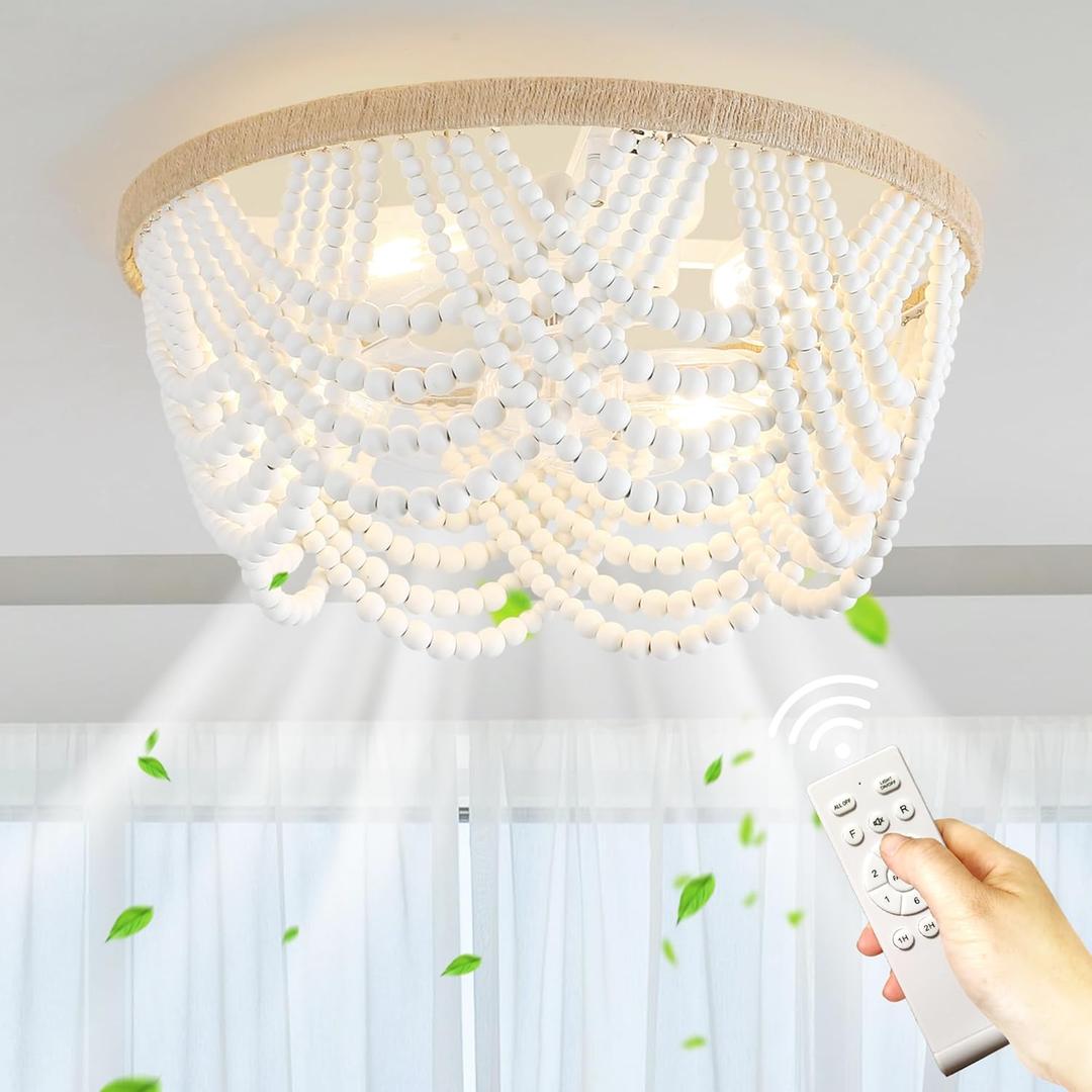 Capslpad 20'' Boho Wood Beaded Ceiling Fans with Light and Remote Antique Rustic 4-Light Flush Mount Ceiling Fan Low Profile 6 Speed Chandelier for Dining Room Nursery Bedroom Girl Room