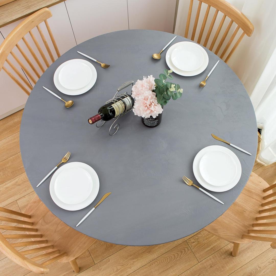 NLMUVW Round Fitted Vinyl Tablecloth with Elastic Edge 100% Waterproof Oil Proof PVC Table Cloth Wipe Clean Table Cover for Indoor and Outdoor, Flower Grey, 48" 36"-44"