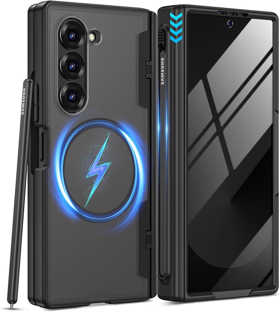 VEGO for Z Fold 6 Case with S Pen Holder[Compatible with Magsafe][Built-in Screen Protector][Hinge Protection] Anti-Peeping Hard PC Cover Full Body Shockproof Privacy Case for Galaxy Fold 6 2024 (Black)