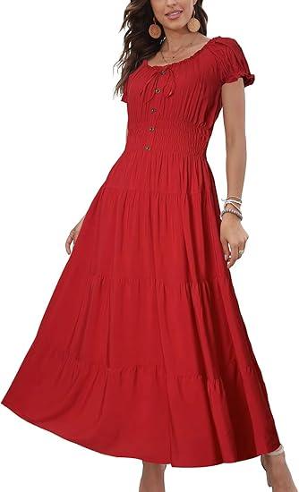 OSTOO Women's 2025 Summer Short Sleeves Boho Floral Print Tiered Casual Flowy Long Maxi Dress (Large, Green Flower)
