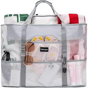KABAQOO Mesh Beach Bag, Extra Large Beach Bags with 9 Pockets & Zipper Waterproof Lightweight Beach Tote for Beach/Pool Trip (White)