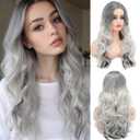Silver Grey Wigs for Women Long Curly Wavy Wig Ombre Gray Hair Layered Wavy Shaggy for Daily Party Halloween