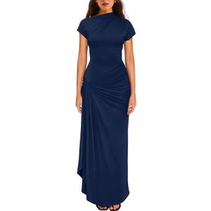YMDUCH Women's Casual Short Sleeve Boat Neck Ruched High Split Bodycon Long Party Dress (XX-Large, Navy)