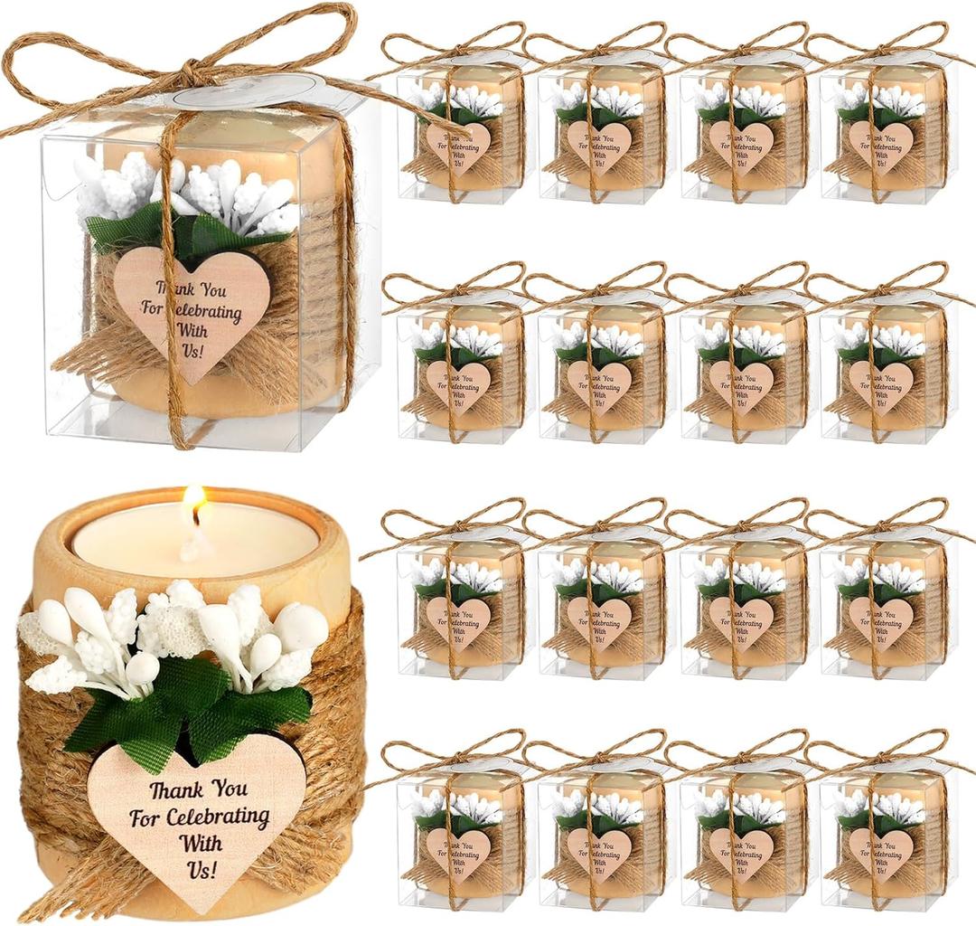 MTLEE 16 Pack Wooden Tealight Candle Holders Kit Guest Gifts for Wedding Baby Shower The First Communion Baptism Christening Housewarming Party Handmade Thank You Candle with Card Box Rope (Classic)