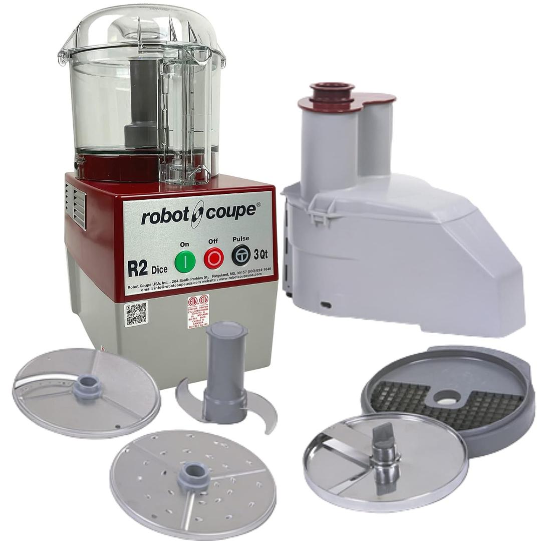 Robot Coupe R2CLRDICE, Combination Food Processor with 3 Quart Clear Polycarbonate Bowl, 4 Stainless Discs, Pulse Control, 120v, 1725 RPM, Vegetable Chopper, Gray/Red, Commercial Kitchen Use. Some cutting discs are missing