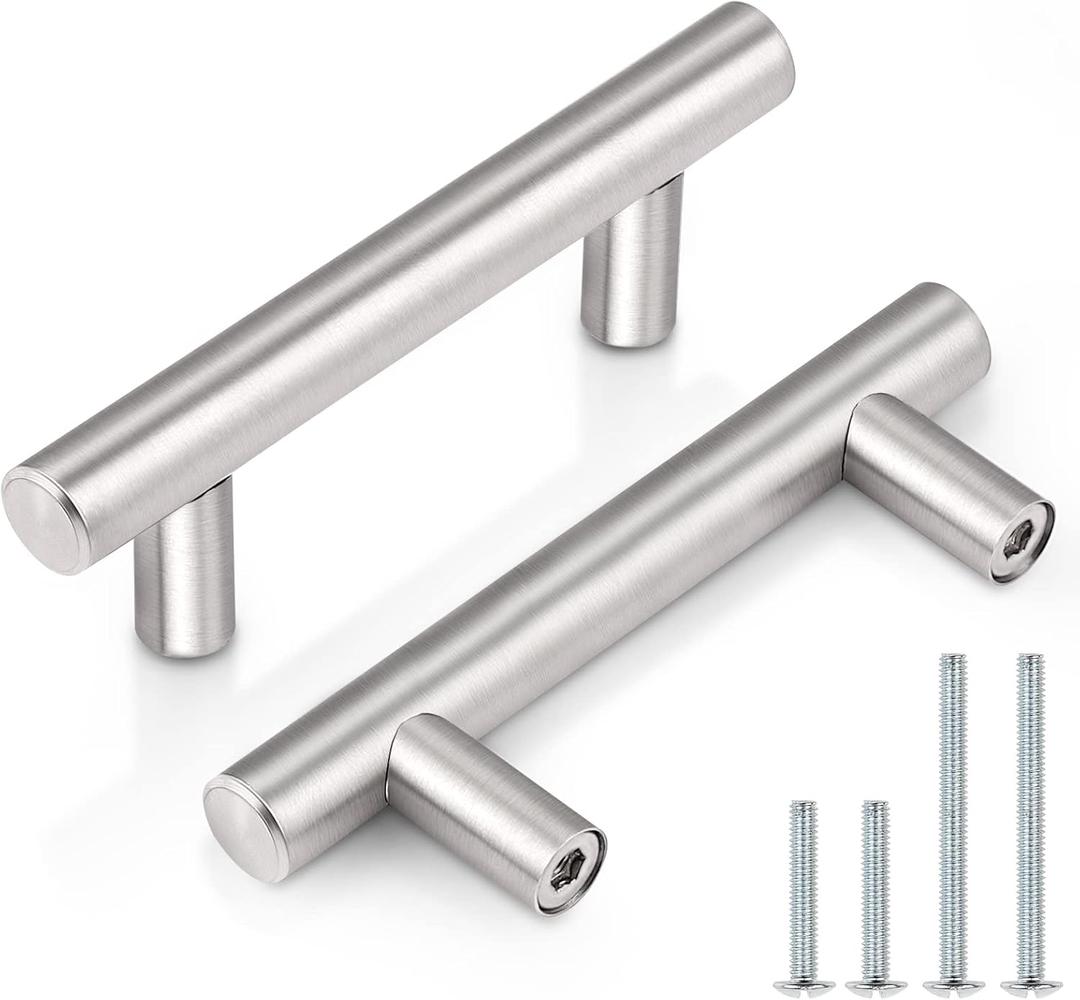 Probrico 5 Pack|T Bar Cabinet Pulls Stainless Steel Kitchen Handles Chest Knobs 2.5 Inch Hole Centers Brushed Nickel, 4 Inch Overall Length