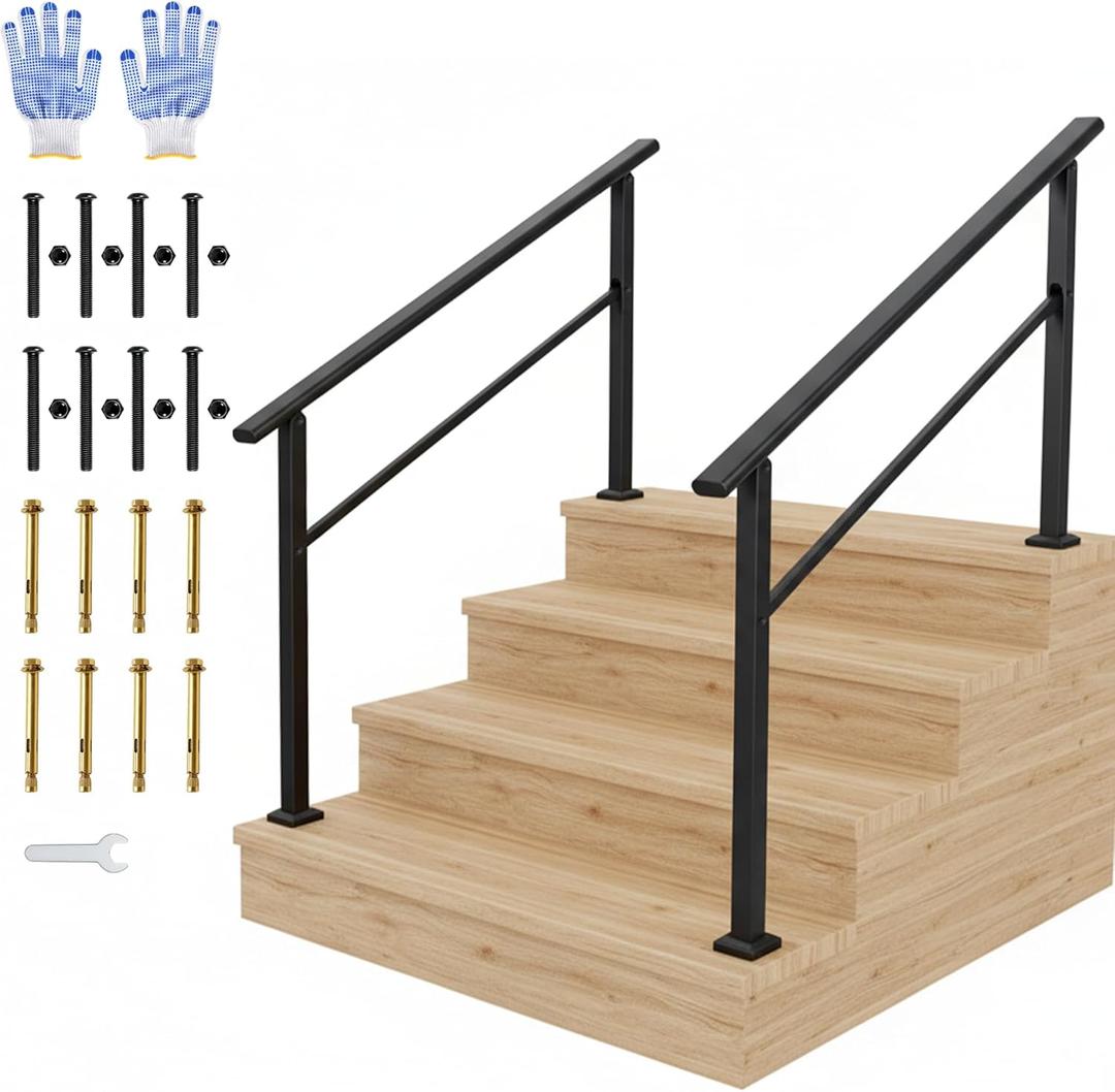 IDEALHOUSE 2 Pack 4 Step Outdoor Stair Handrail Kit, Black Aluminum & Iron Construction for Porch Steps, Easy Assembly Safety Railing, All Hardware & Gloves Included