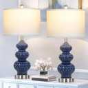 Triple Gourd Ceramic Table Lamps Set of 2, Modern Blue Bedside Lamps with Rotary Switch, Contemporary Nightstand Lamps for Bedroom Living Room