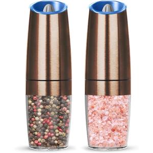 Gravity Electric Salt And Pepper Grinder Set, Automatic Salt And Pepper Grinder Set, Battery Powered (6 AAA Batteries Each), Adjustable Roughness, LED Light, 2 Pack, (Copper)