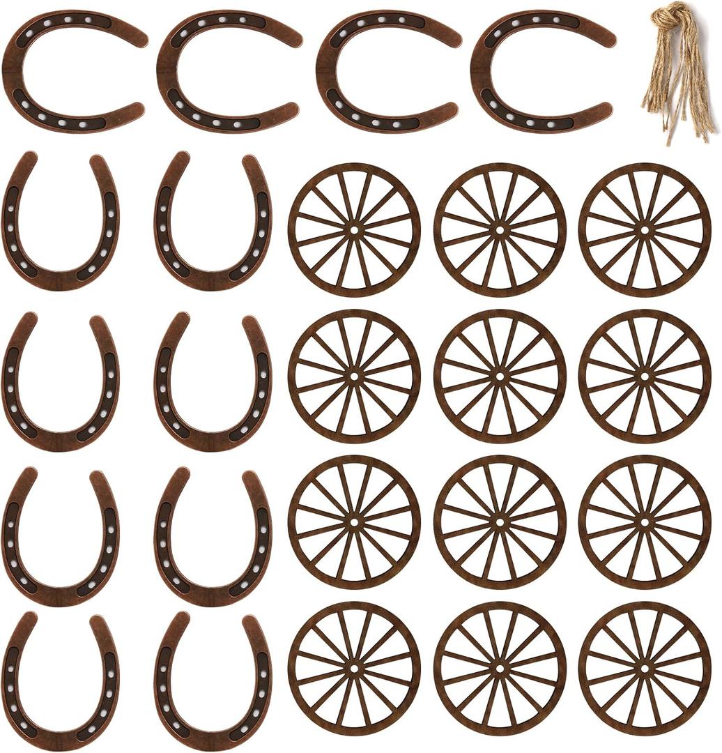 24 Pcs Western Theme Party Decorations，KSKSPE Birthday Table Centerpieces Mini Horseshoes Wagon Wheel Horse Rodeo Decor for Crafts Wedding Party Favor, Wild West Cowboy Western Party Decor