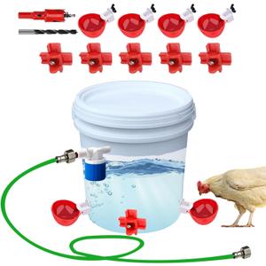 Automatic Chicken Waterer Kit, Chicken Water Feeder with Water Hose, Chicken Waterer Nipples Cups, Chicken Coop Accessories for Poultry Turkey Peafowl Quail Duck Goose (White)
