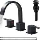 Modern Matte Black Bathroom Faucet 3 Hole,8 Inch Widespread Bathroom Sink Faucet with Pop-Up Drain and Supply Lines,Two Handles for RV, Lavatory, Farmhouse