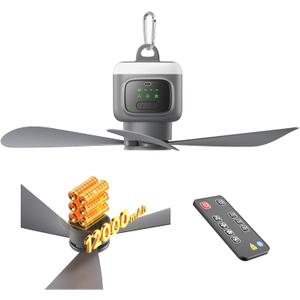 18 Inch Canopy Fan,12000mAh Portable Outdoor Ceiling Fan with Light with Remote Control and Hanging Hook, Easy Operation Battery Powered Fan Light for Gazebo, Tent, Patio, Camping