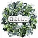 24'' Hello Door Wreath 24inch Boxwood Wreath Farmhouse Eucalyptus Flocked Lambs Ear Wreaths for Front Door Hanging Wall Window Party Decoration