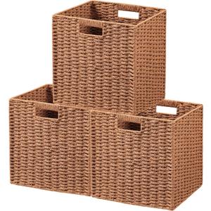 UBBCARE 3 Pack Wicker Basket, 11L11H10.5W inch Woven Paper Rope Storage Baskets for shelves, Foldable Cube Storage bin with Handle, Storage Basket for Organizing & Decor,Caramel