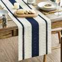 Artoid Mode Dark Blue Farmhouse Woven Rustic Table Runner, Seasonal Holiday Hollow Kitchen Dining Table Decoration for Home Party Decor 12x72 Inch
