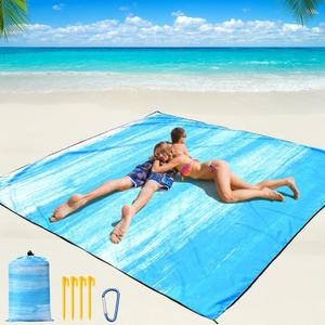Beach Blanket Waterproof Sandproof Beach Mat 79" X 83"/10'x9' for 2-8 Adults Quick Drying Outdoor Picnic Mat Beach Accessories for Travel, Camping, Hiking (Blue-Green Tinted Gradation)