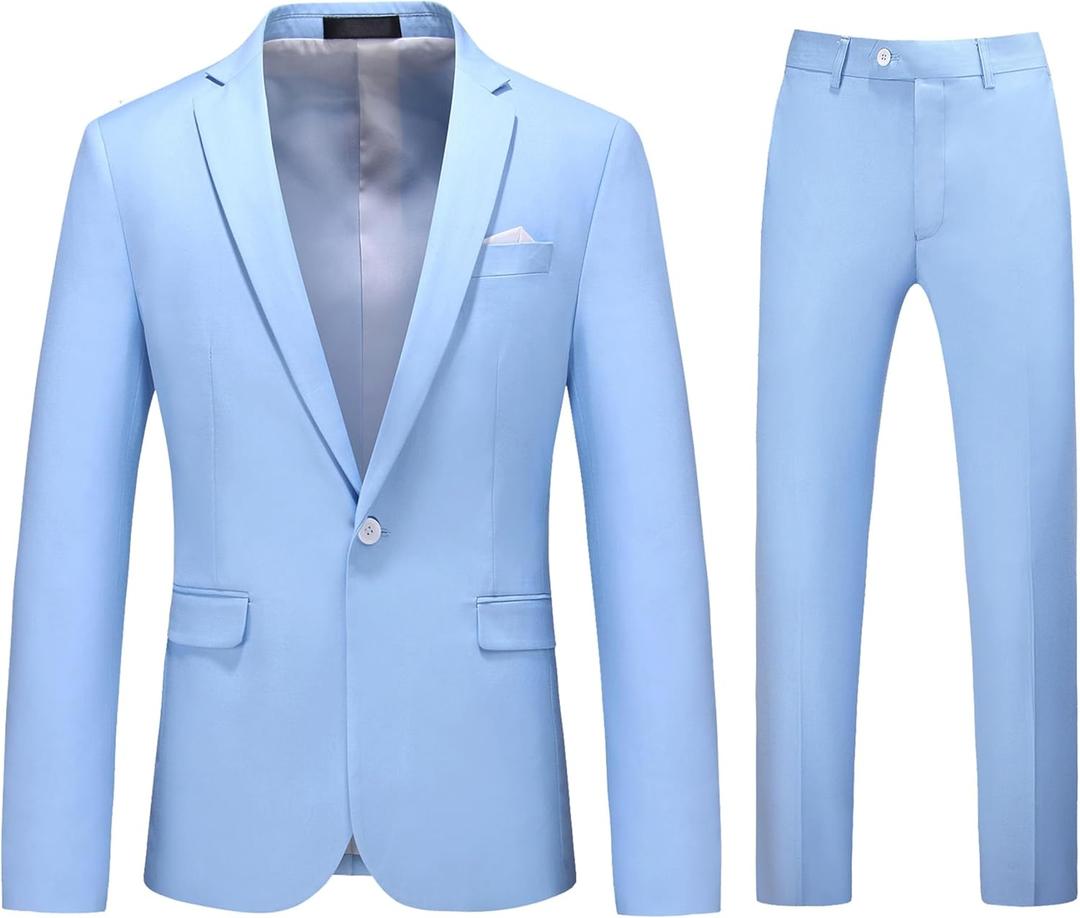 4MOGU Men's Slim Fit 2-Piece Tuxedo Suit One-Button Jacket & Pants Set for Wedding, Prom, and Formal Events (Blue) Size 34