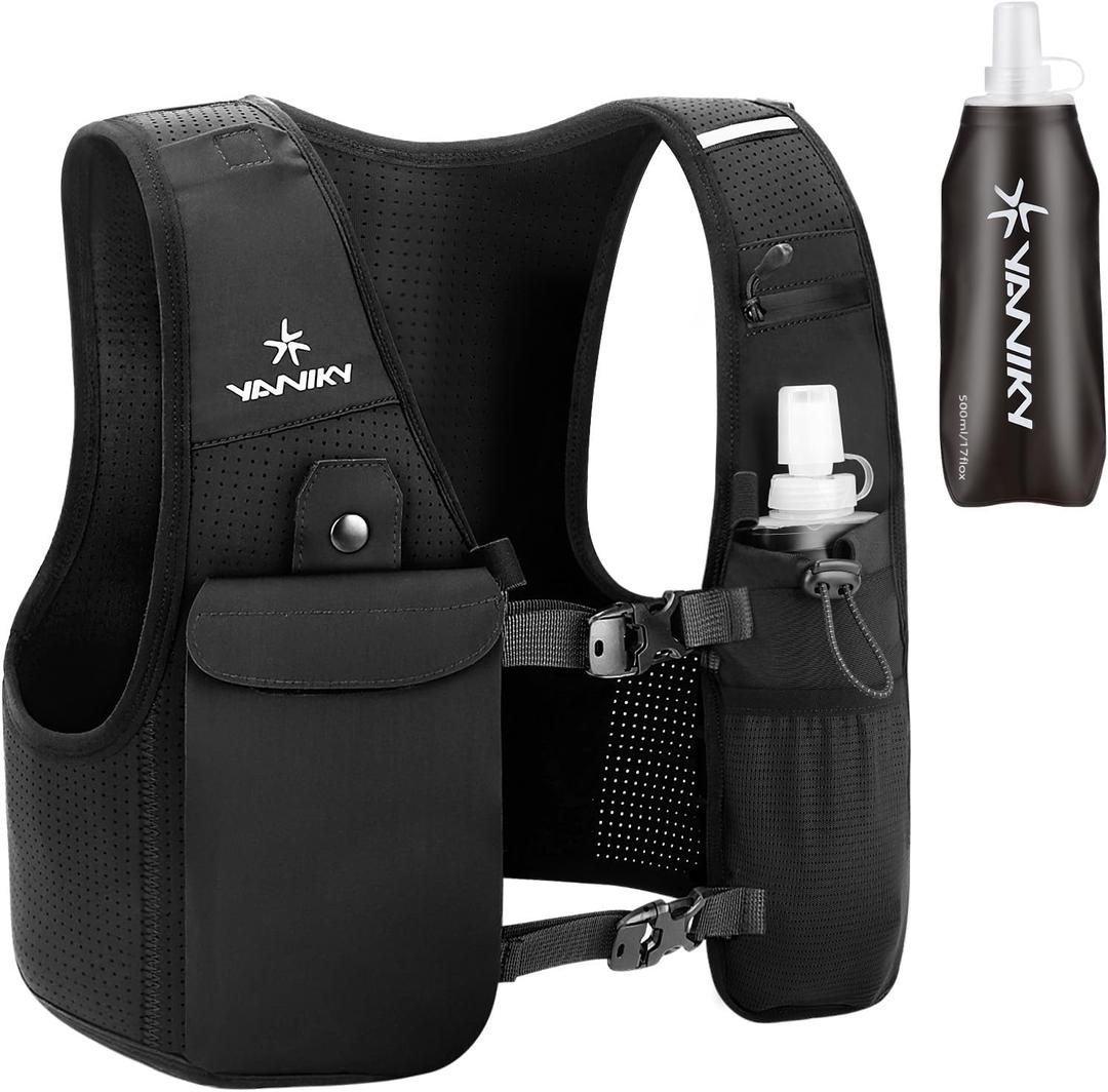 Running Vest for Women Men, Lightweight Breathable Hydration Vest with 500ml Soft Flask, Adjustable Reflective Running Vest with Pockets for Trail Running Hiking Medium-Black