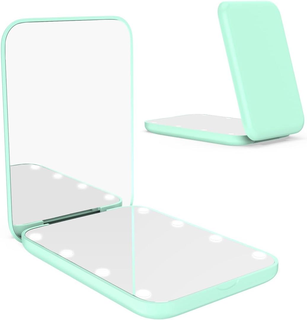 WOBSION Small Mirror with Lights,LED Compact Makeup Mirror,1x/3x Mini Travel Mirror with Magnification,Portable for Purse,Pocket,Gifts for Girls, Cyan 