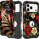 PIXIU Unique Flower Pattern Compatible with iPhone 17 Pro 6.3 inch case,Heavy Duty Dual Layer Shockproof Full-Body Protective Sturdy Hybrid Cute Rugged Case for Women,Girls,Kids-Black Peonies