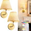 Wireless Battery Operated Wall Sconces Set of 2, Rechargeable 5000mAh Rattan Shade Wall Light with Remote, Gold Wall Lamp for Bedroom, Living Room, Hallway (Straight Arm)