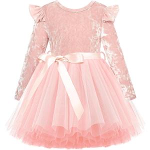 UNICOMIDEA Toddler Velvet Dress 3t Little Girls Ruffle Long Sleeve Tulle Baby Girl Dresses for Birthday Party, Pink, 2-3t