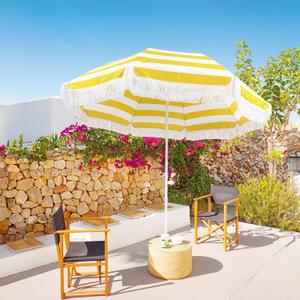 Outdoor Striped Patio Umbrella Yellow Holiday Beach Umbrellas for Sand UV Protection Boho Fringe Umbrella Beach with Tilt Market Umbrella 5.9ft Portable Pool Umbrella Waterproof for Garden Deck