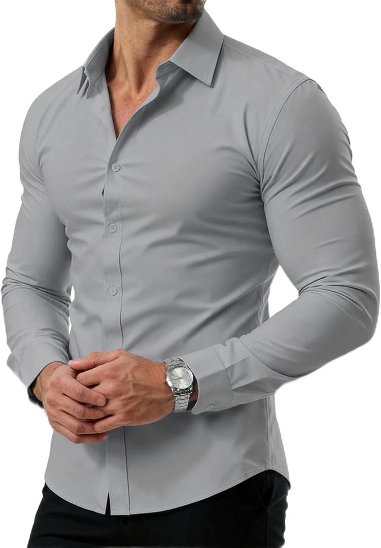 PLEPAN Men's Slim Fit Stretch Dress Shirt Stain Proof Wrinkle-Free Muscle Fit Long Sleeve Button Down Formal Shirt (X-Large, Gray)