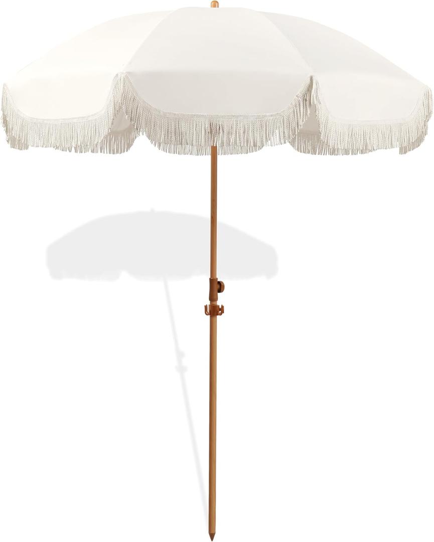 7.5ft Patio Umbrella with Fringe, Beach Umbrella, Fringe Umbrella Outdoor Patio with Hanging Hook, Tilting Aluminum Pole, UV 50+, Fiberglass Ribs, Elegant Cream
