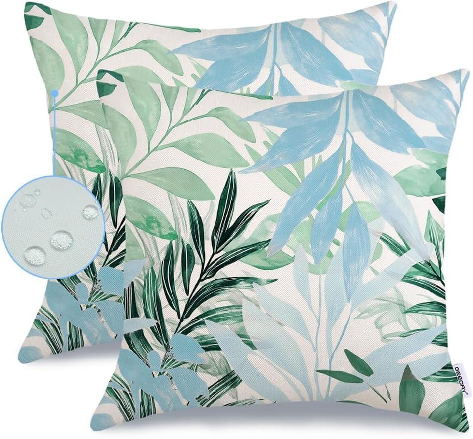 GEEORY Outdoor Waterproof Pillow Covers 18x18 Inch Set of 2, Leaves Decorative Throw Pillowcases Indoor Outdoor Courtyard Garden Patio Sofa Couch Decoration Blue GF005-18