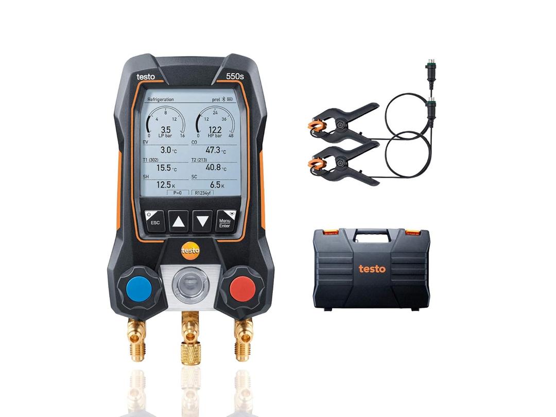 testo 550s AC Manifold Gauge Set  Manifold Gauges Hvac and Refrigeration  Incl. 2 Wired Temperature Clamp Probes  AC Recharge Kit with superheat, subcooling and Bluetooth