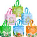 QOIUSO 6 Pack Easter Gift Bags with Handle  Reusable Non Woven Easter's Day Tote Treat Bags for Kids  Large Bunny Rabbit Happy Easter Bags for Egg Hunt, Treats, Gifts and Classroom Party Favors