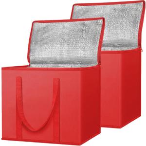 BALEINE 2Pk Insulated Reusable Grocery Bags, Collapsible Cooler Bag for Groceries, Heavy Duty Large Insulated Bag (16''x9''x13'', Bright Red)