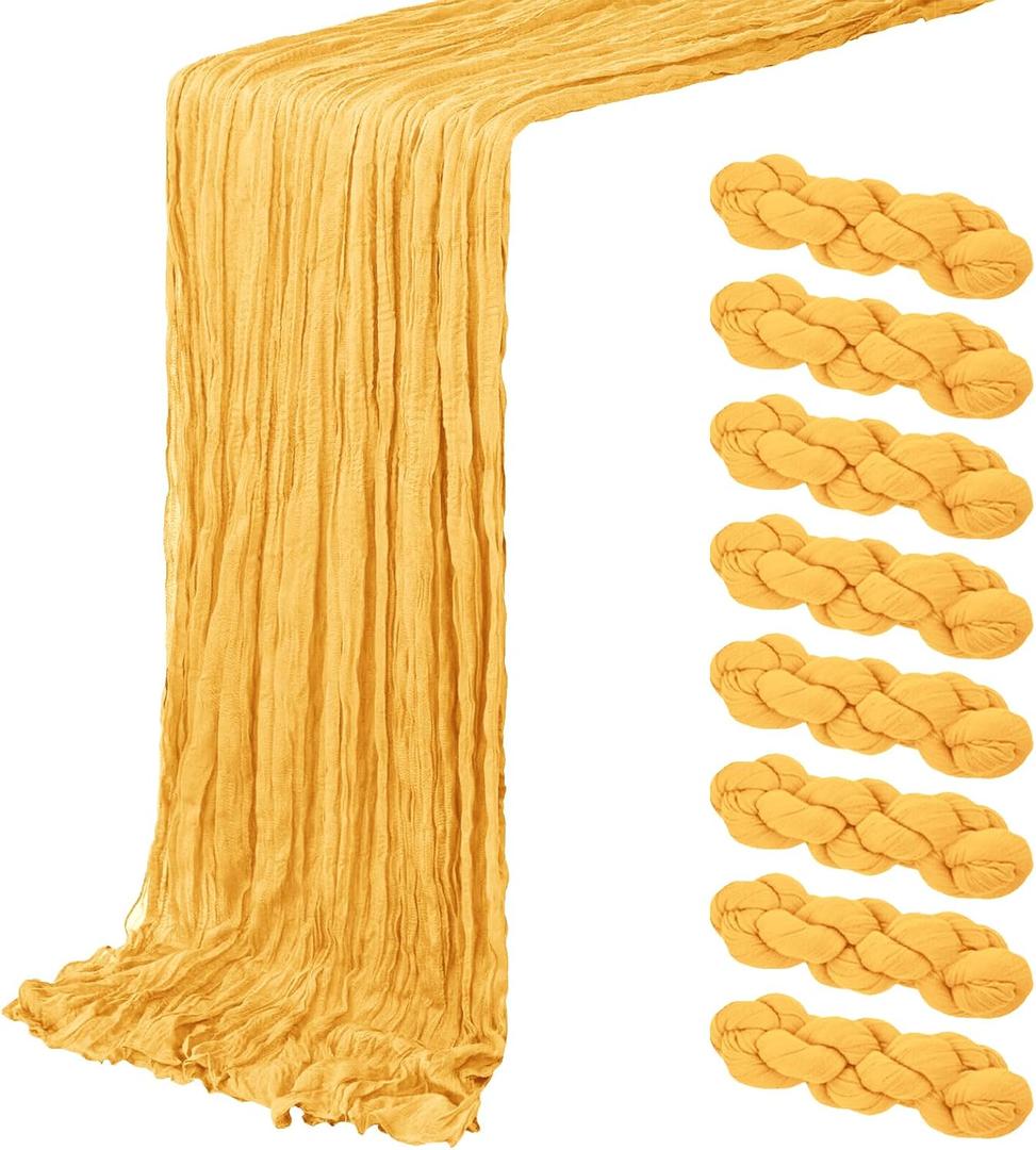 8 Pack Gold Cheesecloth Table Runner 20 x 120 inch Gauze Table Runners 10 FT Long,Semi Sheer Cheese Cloth Fabric Table Runner Bulk for Wedding,Party,Baby Shower,Bridal Shower Decoration