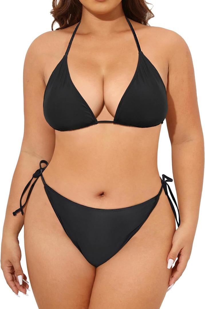 Tempt Me Women Plus Size Triangle Bikini String Two Piece Halter Tie Side Swimsuit Black, 18 Plus