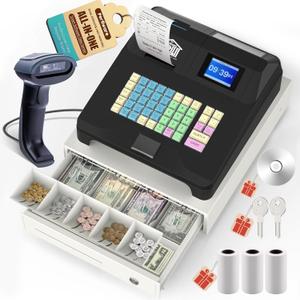 Upgraded Cash Register for Small Businesses with Scanner（HS1000）& Checkport Cash Drawer,Perfiware Electronic Cash Registers with Dual Display and Fast Receipt Printer,Oil-Proof
