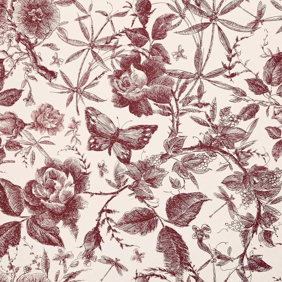 Drawer Liner Contact Paper for Dresser Drawers Peel and Stick Wallpaper Sketched Design 15.7x118in Self Adhesive Removable Red Maroon Rose Floral Butterfly Vintage Cabinet Shelf Renter Friendly
