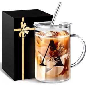 2 x Initial Extra Large Glass Drinking Cup With Lid Straw Boss Gifts For Women Cute Customized Mug Gift For Her Iced Glass Tumbler Cup Retirement Gift Must Haves For Women Apartment Essentials